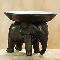 Wood sculpture, 'Majestic Elephant in Black' - Hand Made Wood Sculpture Elephant Tray from Thailand