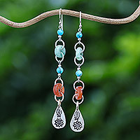 Jade and quartz dangle earrings, 'Hill Tribe Melange' - Beaded Dangle Earrings with Jade and Hill Tribe Silver