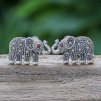 Garnet and marcasite button earrings, 'Glistening Elephants' - Marcasite and Garnet Elephant Button Earrings from Thailand