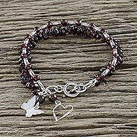 Garnet beaded charm bracelet, 'Double Treasure' - Hill Tribe Silver and Garnet Beaded Bracelet