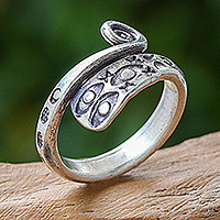 Sterling silver wrap ring, 'Silver Eye' - Handmade 925 Sterling Silver Flower and Eye Ring Thailand