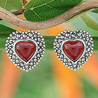 Onyx and marcasite button earrings, 'Victorian Heart' - Heart Shaped Enhanced Onyx and Marcasite Button Earrings