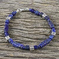 Lapis lazuli beaded bracelet, 'Indigo Dream' - Lapis Lazuli and Silver Beaded Bracelet from Thailand