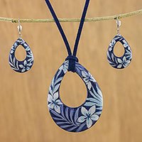 Ceramic jewelry set, 'Flying Flowers' - Ceramic Blue Floral Pendant Necklace Dangle Earrings Set