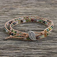 Agate and glass beaded wrap bracelet, 'Umber Dream' - Multi-Colored Agate and Glass Beaded Leaf Wrap Bracelet