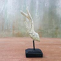 Wood statuette, 'Buddha Greeting in White' - White Crackle Finish Hand Carved Acacia Wood Hand Statuette