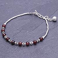 Garnet beaded bracelet, 'Classic Love' - Garnet Bracelet with Karen Silver Beads from Thailand