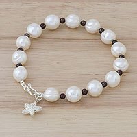 Cultured pearl and garnet beaded bracelet, 'White Starfish Love' - Cultured Pearl Garnet Hill Tribe Silver Starfish Bracelet