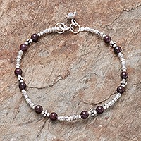 Garnet beaded bracelet, 'Antique Hill Tribe' - Hill Tribe Garnet Beaded Bracelet from Thailand