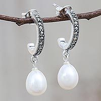 Cultured pearl dangle earrings, 'Moonlight Curve' - Cultured Pearl Half-Hoop Dangle Earrings from Thailand