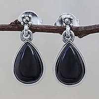 Onyx dangle earrings, 'Droplet Gleam in Black' - Drop-Shaped Black Onyx Dangle Earrings from Thailand