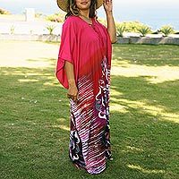 Cotton batik caftan, 'Fanfare in Fuchsia' - All Cotton Batik Caftan Dress in Fuchsia and Red