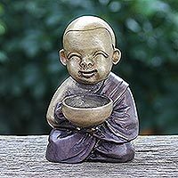 Brass sculpture, 'Monk's Blessing in Brown' - Hand Painted Brass Monk Sculpture from Thailand