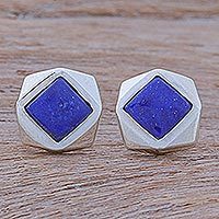 Lapis lazuli button earrings, 'Winter Storm' - Thai Lapis Lazuli and Sterling Silver Button Earrings