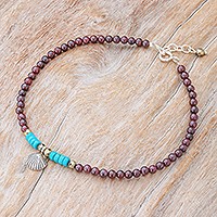 Garnet and hematite charm anklet, 'Barefoot Beach Day' - Garnet and Hematite Beaded Charm Anklet