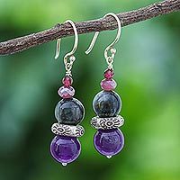 Multi-gemstone dangle earrings, 'The Queen's Star' - Thai Amethyst and Quartz Dangle Earrings