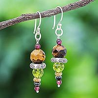 Multigemstone dangle earrings, 'Dream Forest' - Tiger's Eye and Garnet Dangle Earrings from Thailand