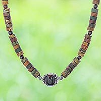 Multi-gemstone pendant necklace, 'Earth's Core' - Jasper and Tiger's Eye Pendant Necklace