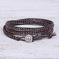 Garnet wrap bracelet, 'Happy Days in Dark Brown' - Hand Crafted Leather and Garnet Wrap Bracelet