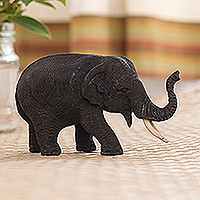 Teak wood statuette, 'Night Walk' - Hand-Painted Teak Wood Elephant Statuette