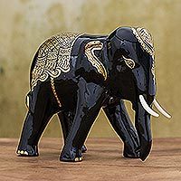 Gold-accented wood sculpture, 'The Elephant Vanishes' - Hand Carved Lacquerware Elephant Sculpture