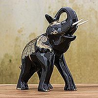 Gold-accented wood sculpture, 'Elephant King' - Gold-Accented Raintree Wood Sculpture from Thailand