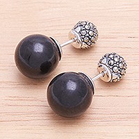 Onyx and marcasite button earrings, 'Double Duty' - Onyx and Marcasite Button Earrings