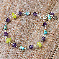 Multi-gemstone beaded charm bracelet, 'Festive Swirl' - Multi-Gemstone Beaded Charm Bracelet from Thailand