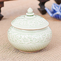 Celadon ceramic decorative jar, 'Luxurious Green' - Thai Celadon Ceramic Decorative Leaf-Themed Jar in Green