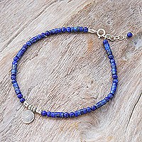 Lapis lazuli beaded charm anklet, 'True Charm' - Natural Lapis Lazuli Beaded Anklet with Silver Charm