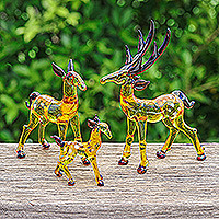 Handblown glass figurines, 'Deer Lineage' (set of 3) - Set of 3 Handblown Glass Deer Figurines in Yellow and Brown