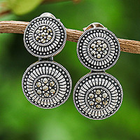 Marcasite drop earrings, 'Solar Expression' - Round Sterling Silver Drop Earrings with Marcasite Jewels