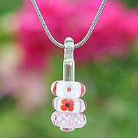 Glass beaded pendant necklace, 'Sweet Amulets' - Floral Pink and Red Glass Beaded Pendant Necklace