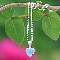 Aquamarine pendant necklace, 'Heart of Serenity' - Heart-Shaped Aquamarine Cabochon Pendant Necklace