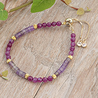 Amethyst and quartz beaded wristband bracelet, 'Precious Flair' - Amethyst and Quartz Beaded Adjustable Wristband Bracelet