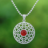 Carnelian pendant necklace, 'Lotus of Fire' - Polished Lotus-Themed Natural Carnelian Pendant Necklace