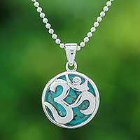 White topaz pendant necklace, 'The Spirit of Purity' - White Topaz and Reconstituted Turquoise Om Pendant Necklace