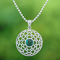 Sterling silver pendant necklace, 'Lotus of Peace' - Polished Lotus-Themed Recon Turquoise Pendant Necklace