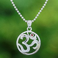 Garnet pendant necklace, 'Om of Passion' - Polished Garnet Round Om Pendant Necklace from Thailand