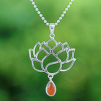 Carnelian pendant necklace, 'Orange Chakra Bloom' - Openwork Carnelian Silver Chakra Floral Pendant Necklace