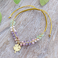 Gold-accented multi-gemstone macrame pendant bracelet, 'Four-Leaf Fortune' - Lucky Clover Gold-Accented Multi-Gemstone Pendant Bracelet