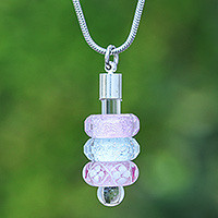 Glass beaded pendant necklace, 'Dulcet Amulets' - Pink and Blue Handblown Glass Beaded Floral Pendant Necklace