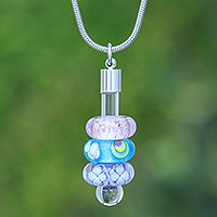 Glass beaded pendant necklace, 'Enchanting Amulets' - Spring-Themed Necklace with Purple Handblown Glass Pendants