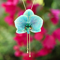 Gold-accented natural flower lariat necklace, 'River Fantasy' - Turquoise Orchid Lariat Necklace with 22k Gold-Plated Chain