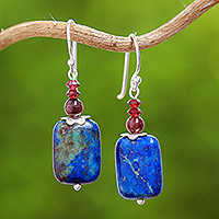 Lapis lazuli and garnet dangle earrings, 'Romantic Blueberry' - Lapis Lazuli and Garnet Dangle Earrings from Thailand