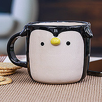 Ceramic mug, 'Penguin Morning' - Whimsical Handcrafted Ceramic Penguin Mug with Glossy Finish