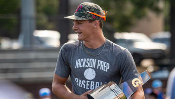Konnor Griffin smiles after receiving his trophy for Gatorade National Baseball Player of the Year at Jackson Prep in Flowood, Miss., on Thursday, June 6, 2024.