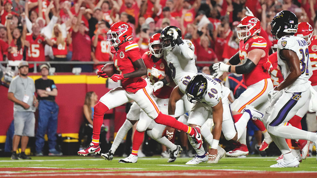 Worthy races into the end zone for one of his two touchdowns in his rookie debut in the Chiefs' 27-20 win over the Ravens on Thursday night.