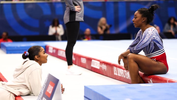 Jun 28, 2024; Minneapolis, Minnesota, USA; Simone Biles and Jordan Chiles talk during the U.S. Olympic Team Gymnastics Trials at Target Center. Mandatory Credit: Matt Krohn-USA TODAY Sports