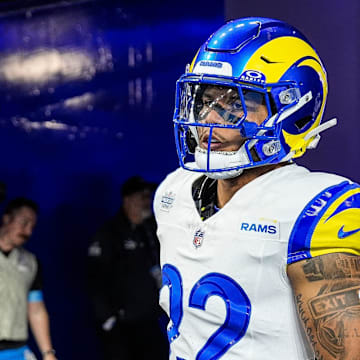 Los Angeles Rams running back Blake Corum (22) takes the field for warm up against Detroit Lions at Ford Field in Detroit on Sunday, September 8, 2024.